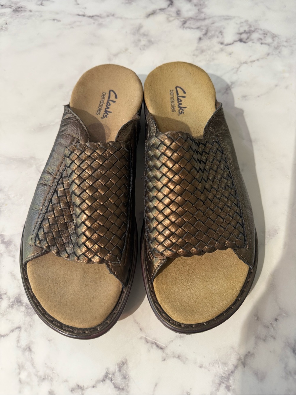 Clarks Metallic Woven Slide Sandals in Bronze-Brown - 7.5W
